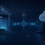Language models: build or buy? Ilustración de un banco conectado a la nube que representa la decisión entre modelos de lenguaje propios y externos en la banca
